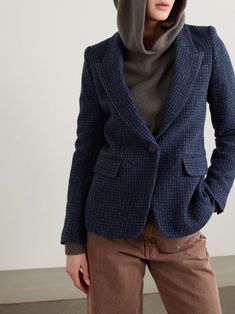 Elegant Houndstooth Blazer For Winter, Winter Tweed Blazer For Business Casual, Timeless Semi-formal Blazer For Fall, Tailored Houndstooth Suit For Fall, Winter Blazer With Houndstooth Pattern, Winter Houndstooth Blazer With Suit Collar, Fall Houndstooth Suit With Lapel Collar, Fall Timeless Blazer With Suit Collar, Winter Tweed Blazer With Hidden Button Closure