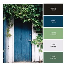 a blue door surrounded by greenery with the words, color swatches and text below it