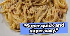 a white plate topped with pasta covered in meat and sauce next to a blue sign that says,'super quick and super easy '