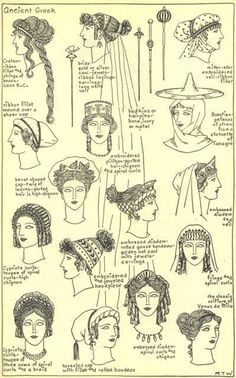 ancient greek hairstyles and headdresses from an old book, circa