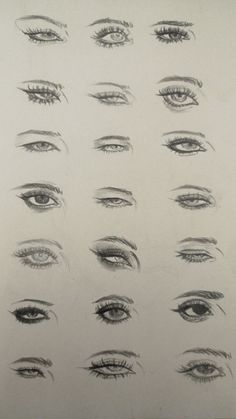 a bunch of different types of eyes drawn in pencil on white paper with black ink