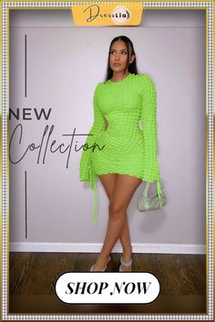 Sexy Cut Out Drawstring Birthday Party Dresses Long Sleeve Summer Birthday Dress, Green Mini Bodycon Party Dress, Green Mini Bodycon Dress For Party, Green Mini Length Bodycon Dress For Party, Long Sleeve Birthday Party Dress, Summer Party Mini Dress With Long Sleeves, Green Ruched Dresses For Party, Green Summer Bodycon Dress For Party, Green Ruched Party Dress