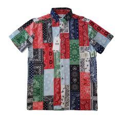 Short Sleeve Handkerchief Bandana Print Top Material: 90% Polyester, 10% Spandex Length: 28.5 In Width Flatlay: 20.5 In Casual Patchwork Patterned Shirt, Casual Multicolor Print Shirt With Patchwork, Casual Multicolor Patchwork Print Shirt, Multicolor Patchwork Trendy Shirt, Trendy Multicolor Patchwork Shirt, Summer Short Sleeve Shirt With Paisley Print, Short Sleeve Paisley Print Shirt For Summer, Summer Bandana Print Short Sleeve Tops, Casual Multicolor Print Patchwork Tops