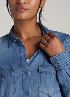 About Our Long Women's Denim Shirt This long women's denim shirt is a wardrobe must-have. This tall button-shirt offers the perfect blend of casual and chic that you can dress up or down depending on the occasion. We know how hard it is to find shirts for tall women, which is why we designed this shirt for tall ladies between 5'9” and 6'6” with extra-long sleeves and a curved sweep hem. It has a point collar, Western button closures on the double patch pockets and cuffs for added detail. We care Everyday Spring Denim Top, Trendy Denim Top For Everyday, Washed Denim Top For Work, Relaxed Fit Light Wash Denim Top, Light Wash Denim Top For Everyday, Chambray Denim Top For Fall, Classic Long Sleeve Denim Dress, Casual Light Wash Tencel Denim Top, Light Wash Tops With Pockets