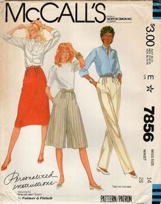 two women in skirts and blouses on a sewing pattern