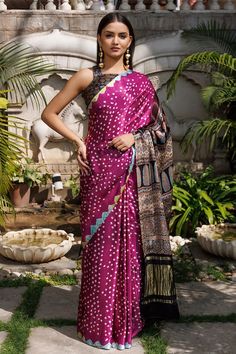 Purple saree with bandhani cluster patterns, floral geometric ajrakh printed pallu and zari panel. Comes with an unstitched blouse fabric. - Aza Fashions Bandhani Pattern, Patterns Floral, Purple Saree, Floral Geometric, Blouse Fabric, Blouse Piece, Aza Fashion, Silk Printing, Jaipur