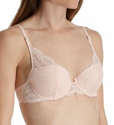 Romantic and whimsical, this scalloped Calais Leavers lace bra has semi sheer straps and a two-part balconette cup. Made of polyamide, elastane and cotton. Underwire bra features an interior vertical cup seam that shapes and imparts an even, smooth, rounded look. Lightly padded cup has a lace overlay with scalloped edges for a romantic look. Bandless front is more comfortable for short-waisted women. Arched center panel with a scalloped lace overlay. Mesh sides and back have sewn-on elastic alon Fitted Pink Lace, Fitted Pink Lace Tops, Pink Lace Bra With Adjustable Straps, Delicate Lace Fitted Bra, Delicate Fitted Lace Bra, Pink Feminine Bra With Delicate Lace, Feminine Pink Bra With Delicate Lace, Feminine Bra With Lace Closure, Pink Lace Trim Bra For Wedding