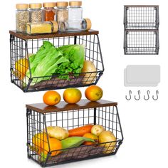 two metal baskets filled with fruits and vegetables next to each other on top of wooden shelves