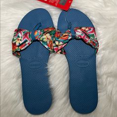 Brand New Havaianas Sandal Size: 37-38 Blue Open Toe Beach Slippers, Blue Synthetic Slippers For Beach, Blue Synthetic Beach Slippers, Blue Flat Slippers For The Beach, Blue Flat Slippers For Vacation, Fun Slip-on Flip Flops For The Beach, Casual Blue Sandals For Poolside, Blue Tropical Sandals For Beach Season, Fun Flat Flip Flops For Vacation