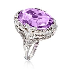 Ross-Simons - C. 1950 Vintage 9.00ct Amethyst Filigree Ring in 14kt White Gold. Size 6.5. C. 1950. The sparkler of your dreams! Our Estate collection ring flaunts a highly faceted 9.00 carat oval amethyst nestled within a beautiful filigree setting of polished 14kt white gold. Wear it, love it, cherish it for life. 7/8" wide. Amethyst ring. Exclusive, one-of-a-kind Estate Jewelry. Amethyst birthstones are the perfect gift for February birthdays. Vintage White Gold Amethyst Ring, Vintage Amethyst Ring With Center Stone, Vintage White Gold Amethyst Ring For Anniversary, Heirloom Amethyst Ring With Prong Setting For Formal Occasions, Vintage Amethyst Ring For Formal Occasions, Art Deco Purple Amethyst Ring For Formal Occasions, Purple Amethyst Art Deco Ring For Formal Occasions, Classic Formal Amethyst Ring, Formal Vintage Amethyst Ring