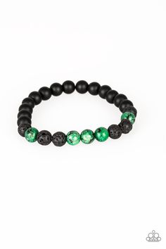 A collection of speckled green stone beads, polished black stone beads, and earthy black lava rock are threaded along a stretchy band for a seasonal look. Sold as one individual bracelet. P9SE-URGR-094XX Silver Engraved Bracelet, Lava Rock Bracelet, Lava Bracelet, Green Stones, Lava Rock, Unisex Bracelets, Band Bracelet, Paparazzi Accessories, Exclusive Jewelry