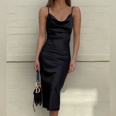 Brand New, Great Condition, All With Tags On Aside From 1 Dress. Satin Material, Cowl Neck Slip Dress (Au) Sizes: 8, 10, 12 (Us) Fit: S, M, L Size 8 Worn Once, Great Condition, No Tags Satin Dress Outfit, Black Satin Midi Dress, Elegant Silk Dresses, Satin Noir, Black Silk Dress, Black Slip Dress, Black Satin Dress, Dress Aesthetic, Silky Dress