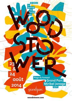 the poster for wood stop tower, featuring colorful shapes and lines on white paper with black lettering