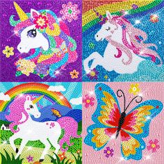 four different images of unicorns and butterflies on pink, blue, green, purple