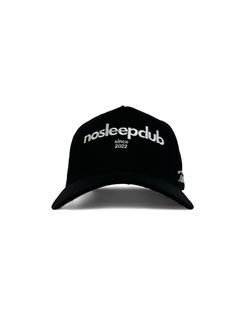 Get ready to level up your headwear game with the No Sleep Club Hat - All Black. Featuring a premium 5-panel design, seamless structured front panel, and an adjustable snapback closure, this hat is made from 100% cotton and is adorned with an embroidered logo on the front and side. Stay stylish and comfortable with this must-have hat. Adjustable Snapback Trucker Hat With Embroidered Logo, Adjustable Curved Bill Dad Hat For Streetwear, Hip Hop Curved Bill Adjustable Hat, Adjustable Curved Bill Hip Hop Hat, Streetwear Snapback Fitted Hat With Logo Patch, Adjustable Hip Hop Baseball Cap With Curved Bill, Adjustable Dad Hat With Curved Visor For Streetwear, Hip Hop Snapback Hat With Curved Visor, Adjustable Snapback With Embroidered Logo