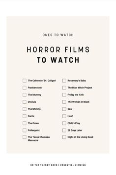 a white poster with the words horror films to watch