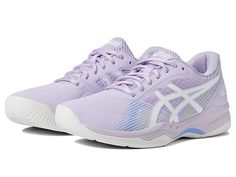 a women's asics shoes in purple and white with the word on it