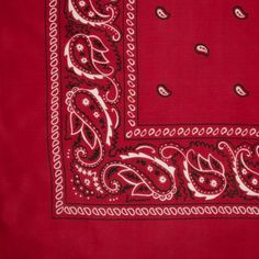 a red bandanna with white paisley on it