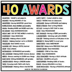 a poster with the words 40 awards written in different colors and font, including letters