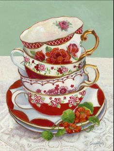 a painting of three cups and saucers with red flowers on the bottom one has gold trim