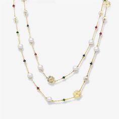 This necklace showcases Pearls, Sapphire, Emerald, and Ruby gems, paired with floral-shaped Mother of Pearl highlighted by a sparkling Diamond core. Floral Shaped Mother of Pearl Fresh Water Pearls: 6mm Natural Diamonds: 0.05ctw Natural Sapphire, Emerald, Ruby: 1.80ctw 18K Yellow Gold Length: 36 Inches Luxury White Jeweled Necklaces, Fine Jewelry Yellow Gold Jeweled Necklace, Yellow Gold Jeweled Necklace, Yellow Gold Jeweled Fine Jewelry Necklace, Exquisite Multi-stone Round Necklace, Luxury Diamond Jeweled Necklaces, Luxury Diamond Jeweled Necklace, Elegant Yellow Gold Jeweled Necklace, Jeweled Yellow Gold Necklace For Anniversary