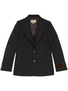 Gucci Luxury Outerwear With Button Cuffs, Designer Single Button Blazer With Suit Collar, Designer Single Button Blazer With Lapel Collar, Elegant Black Gucci Blazer, Designer Sport Coat With Hidden Button Closure For Business, Designer Tailored Blazer With Suit Collar, Gucci Notch Lapel Suits For Work, Gucci Notch Lapel Suit For Formal Occasions, Classic Gucci Business Suits