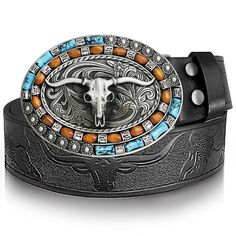 PRICES MAY VARY. Mens Cowboy Belt:Package contains 1pc black leather western belt for men and 1pc leather hole punch. The cool mens belt and cowboy belt buckle featuring embossed long horn bull pattern,full of western cowboy style,classic and luxury. Easily to highlight your appearance and grasp everyone's eyes in the crowd. Add a touch of cowboy charm to your outfit with this stylish western belt. Can be everyday wear or be a handsome gift. Quality Materials:The leather belt is made of quality Western Black Belt Buckles With Silver Buckle, Western Black Belt Buckles With Silver Detail, Black Concho Belt Buckles For Ranch, Black Western Belt Buckles With Silver Buckle, Black Concho Belt Buckles, Western Style Black Belt For Ranch, Western Black Belt Buckles For Rodeo, Black Leather Belt Buckles With Silver Buckle, Western Style Black Belt For Western-themed Events