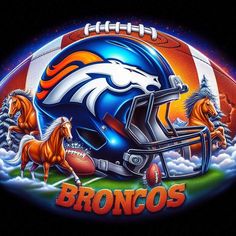 a football helmet with the denver cowboys on it and two horses running in front of it