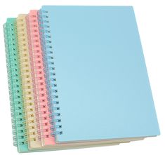 three spiral bound notebooks with colored paper on each side, one blue and one pink