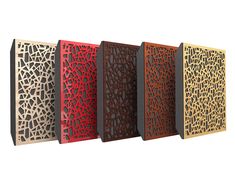 four different types of laser cut screens in various colors and sizes, each with an intricate design