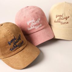 "Good Things Take Time" Embroidery Corduroy Cap  A "Good Things Take Time" embroidery corduroy cap is a stylish and meaningful accessory that combines the classic texture of corduroy fabric with a motivational embroidered message. ** 🧢 Detail & Features 🧢 ** - "Good Things Take Time"  Embroidery  - 6 Panel Baseball Corduroy Cap - 100% Cotton - Adjustable buckle Closure - Relaxed Fit and Pre-Curved Visor *One Size Fits Most - Adjustable Strap Makes Fit Comfortable.* Baseball Hat Embroidery, Caps Aesthetic, Embroidery Hats, Embroidered Corduroy, Corduroy Cap, Corduroy Hat, Embroidery Baseball, Things Take Time, Outdoor Cap