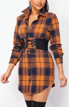 Plaid, button down, collared, shirt dress, with stretch waist belt. 95% Polyester, 5% Spandex Shirt Dress Fall, Tux Dress, Plaid Shirt Outfits, Checked Shirt Dress, Flannel Shirt Dress, Camo Outfits, Sheath Dresses, Casual Party Dresses, Flannel Dress