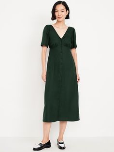 Button-Down Crepe Midi Dress | Old Navy Everyday Uniform, Midi Dress Green, Crepe Midi Dress, Hem Skirt, Old Navy Women, Green Midi Dress, Flutter Sleeves, Petite Size, Formal Wear