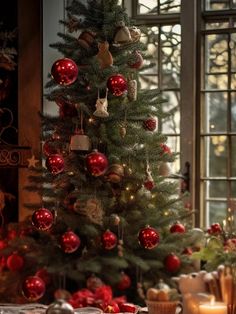 a decorated christmas tree in front of a window with candles and presents on the table