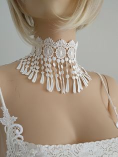 "White Venice Lace Choker, Bridal Necklace , Wedding, Necklace, Baroque, Gothic , Victorian Necklace, Gothic Bohemian, Romantic Choker,   Elegant choker is made of White Venice lace.  Choker is finished with a silver-plated lobster clasp and 2 inch extender chain. Width Lace - 4.5\"  Length of choker - 14 inches + 2\" extender, adjustable If you need another length of your choker please let me know your measurement. This accessory makes a perfect gift! Thanks for visiting  and come back soon !" Elegant White Jewelry For Festival, Delicate White Bridal Necklace For Party, White Beaded Choker For Wedding, Elegant White Choker For Festivals, White Lace Necklace For Wedding, Handmade Bohemian White Bridal Necklace, White Choker Necklace For Wedding, White Wedding Choker Necklace, Bohemian Adjustable Wedding Choker