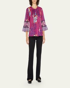 Kobi Halperin "Lee" floralprint blouse with pintuck details    Approx. 26.5"L from shoulders to hem    Scoop neckline; hidden button front    3/4 bell sleeves    Relaxed fit    Cotton    Dry clean    Imported Floral Print 3/4 Sleeve Work Blouse, Floral Print 3/4 Sleeve Workwear Blouse, Floral Print Workwear Blouse With 3/4 Sleeves, Fitted Floral Print Blouse With Bell Sleeves, Chic Blouse With Floral Print And 3/4 Sleeves, Fitted Floral Print Blouse With 3/4 Sleeves, Fitted Printed Blouse With 3/4 Sleeves, Fitted Blouse With Floral Print And 3/4 Sleeves, Daywear 3/4 Sleeve Floral Blouse