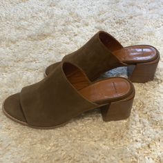 Never Worn Brown Suede Mules Size 10 Fits Like A 9.5 2 Inch Heel Brown Open Toe Mules For Fall, Spring Formal Mules With Suede Lining, Brown Sandals With Suede Lining For Spring, Suede Mules With Stacked Block Heel, Casual Block Heel Sandals For Fall, Brown Mules With Suede Lining For Summer, Brown Mules With 4-inch Heel For Spring, Brown Suede-lined Mules For Summer, Fall Open Toe Mules With Padded Heel