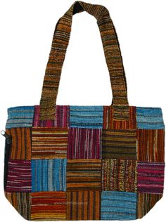 A boho-style Satchel Purse Bag with Double Top Handles. The bag is characterized by stripes squares of cotton dari fabric giving it a good body. #tlb #bohemianfashion #BohoBag Casual Rectangular Fabric Hobo Bag, Striped Rectangular Shoulder Bag For Travel, Striped Woven Rectangular Beach Bag, Woven Striped Travel Bag, Striped Woven Travel Bag, Brown Rectangular Cotton Hobo Bag, Rectangular Brown Cotton Hobo Bag, Striped Rectangular Beach Bag, Striped Cotton Shoulder Bag For Daily Use