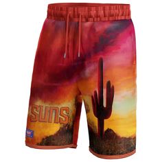 Get ready for tip-off in style by sporting these Phoenix Suns Hometown Shorts from NBA & KidSuper Studios by Fanatics. Capturing the intersection of sport and art, this streetwear-inspired gear features original artwork from KidSuper founder Colm Dillane that honors the unique Phoenix Suns culture. Show off your hometown pride when you step out in this stunning piece. Screen print graphics Machine wash, tumble dry low Inseam on size M measures approx. 8'' Material: 100% Polyester Two side po Casual Summer Basketball Bottoms, Casual Basketball Bottoms For Summer, Summer Basketball Sportswear Bottoms, Summer Sportswear Bottoms For Basketball, Sportswear Bottoms For Summer Sports Events, Sporty Summer Basketball Bottoms, Red Sportswear Bottoms For Leisure, Moisture-wicking Summer Basketball Bottoms, Red Bottoms For Summer Sports Events