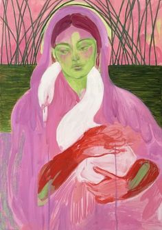 a painting of a woman holding a baby in her arms with pink and green background