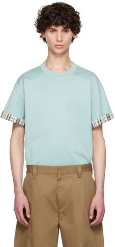 Bottega Veneta: Blue Double Layer T-Shirt | SSENSE Bottega T Shirt, Layered T Shirt, Check Pattern, Steel Blue, Fashion Details, Jersey T Shirt, Logo Embroidered, Cotton Poplin, Bottega Veneta