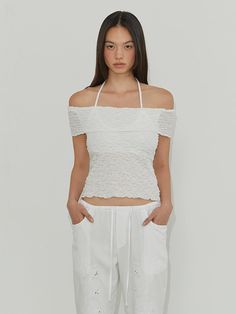 This is a casual and feminine top by MORE THAN PARADISE that is made out of high quality and sturdy material. With distinctive mood of the design and comfortable wear, you can style it for your casual daily outfit.- Halter neck layered off shoulder- Elastic ruffle lace fabric- Trendy, casual and feminine mood Chic Summer Off-shoulder Crop Top, White Feminine Off-shoulder Tops, Feminine White Off-shoulder Tops, Versatile Off-shoulder Top For Spring, Casual Stretch Off-shoulder Top, Feminine Stretch Crop Top, Feminine Stretch Top For Day Out, Spring Off-shoulder Tops For Layering, Off-shoulder Tops For Spring Layering