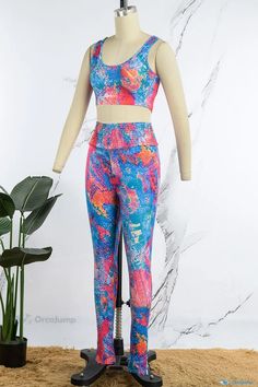 OrcaJump - [Brand Name]s Elegant Multicolor Casual Sportswear: Stylish Print, Backless Design, U Neck, Sleeveless Two-Piece Set Multicolor Sleeveless Sports Bra For Yoga, Fitted Sleeveless Sports Bra, Casual Style, Fitted Sleeveless Sports Bra Casual, Fitted Sleeveless Activewear For Light Exercise, Multicolor Yoga Sports Bra, Fitted Multicolor Sports Bra For Summer, Multicolor Sports Bra For Yoga, Casual Multicolor Tank Top For Yoga, Casual Sleeveless Activewear With High Stretch