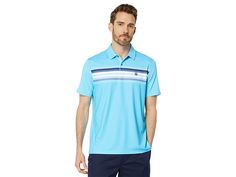 Original Penguin Golf Coastal Ombre Stripe Print Polo - Men's Clothing : Aquarius : The primary materials that compose this product contain a minimum of 20 percent recycled content. Amp up your everyday casual look wearing the Original Penguin Golf Coastal Ombre Stripe Print Polo T-shirt. Regular fit. Pullover style. Collared neckline with two-button placket closure. Short sleeves. Stripe pattern on the front. Brand logo on left chest. Straight hem. 56% polyester, 30% recycled polyester, 14% ela Casual Blue T-shirt For Golf, Collared Graphic Print T-shirt For Golf, Blue Polo T-shirt With Striped Collar, Blue Moisture-wicking Polo Shirt For Golf, Graphic Print Polo Collar T-shirt For Golf, Original Penguin, Stripe Print, Stripes Pattern, Pullover Styling