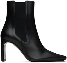 Ankle-high buffed leather boots in black. · Pointed square toe · Elasticized gussets at sides · Buffed leather and suede lining · Covered heel with rubber injection · Leather sole · Heel: H3.25 Supplier color: Black Formal Chelsea Boots With Stacked Heel And Square Toe, Formal Black Chelsea Boots With Sculpted Heel, Elegant Black Chelsea Boots With Square Toe, Elegant Black Square Toe Chelsea Boots, Elegant Fitted Chelsea Boots With Square Toe, Fitted Formal Chelsea Boots With Square Toe, Formal Fitted Chelsea Boots With Square Toe, Black Square Toe Chelsea Boots For Formal Occasions, Elegant Black Chelsea Boots With Sculpted Heel