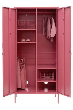 a pink metal locker with baskets and clothes