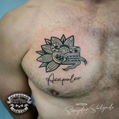 a man with a tattoo on his chest that says reppleo and has an image of a flower in the center