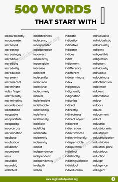 words that start with the word 500 words in english and spanish, which are used to describe