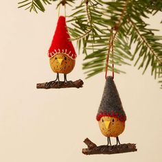 two christmas ornaments hanging from a tree branch