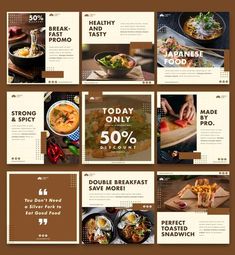 an image of a restaurant brochure with different items on it and the words today only 50 % off